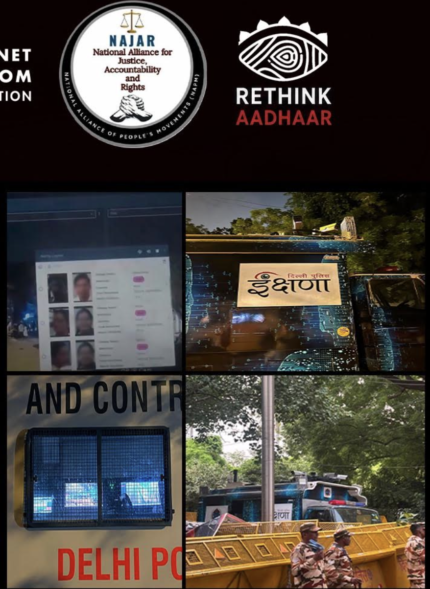 Collage from the August webinar by Internet Freedom Foundation, NAJAR and Rethink Aadhaar: a facial-recognition app matching faces, a Delhi Police Ikshana surveillance vehicle, a camera unit at a Delhi Police command and control post, and police at barricades.